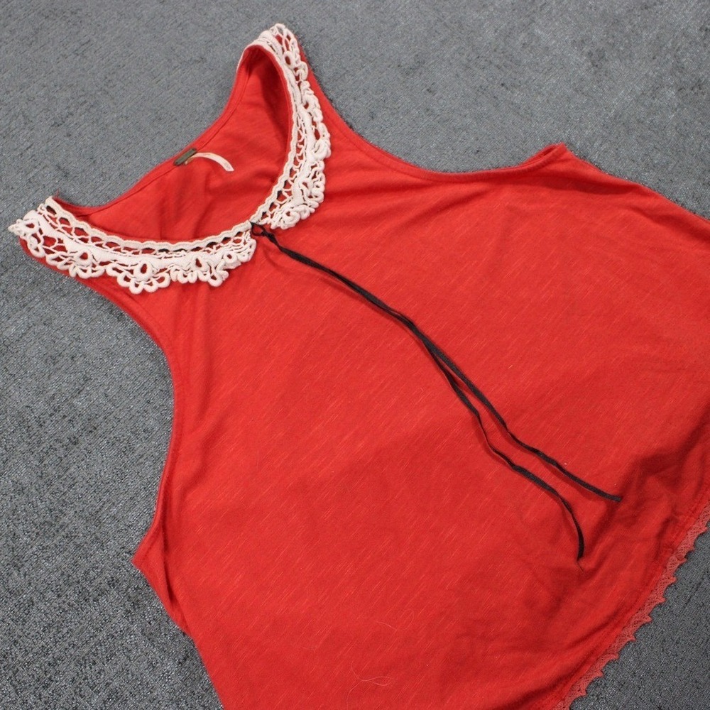Free People Red Sleeveless Crochet Lace Collar Tie Boho Tank Top XS